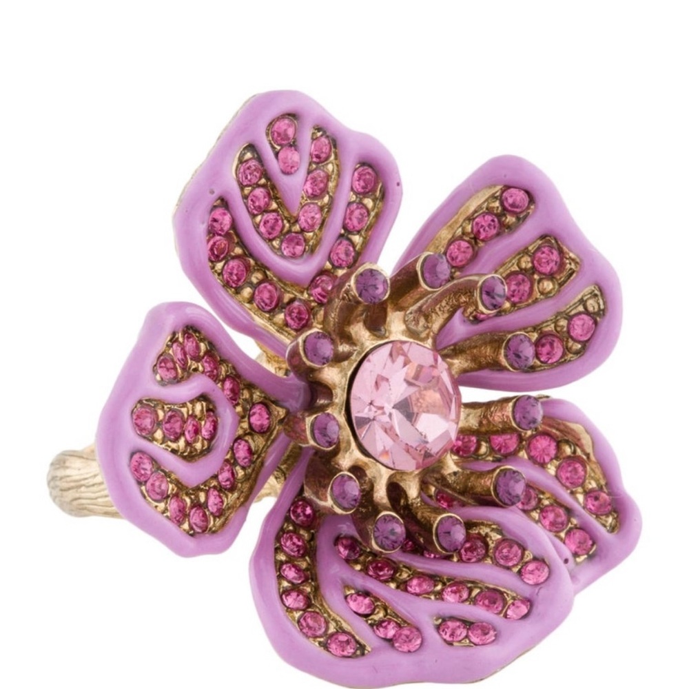 Oscar de la Renta Pink Floral Flower Statement Ring Size 6 Crystal Enamel Resin - Picture 7 of 13